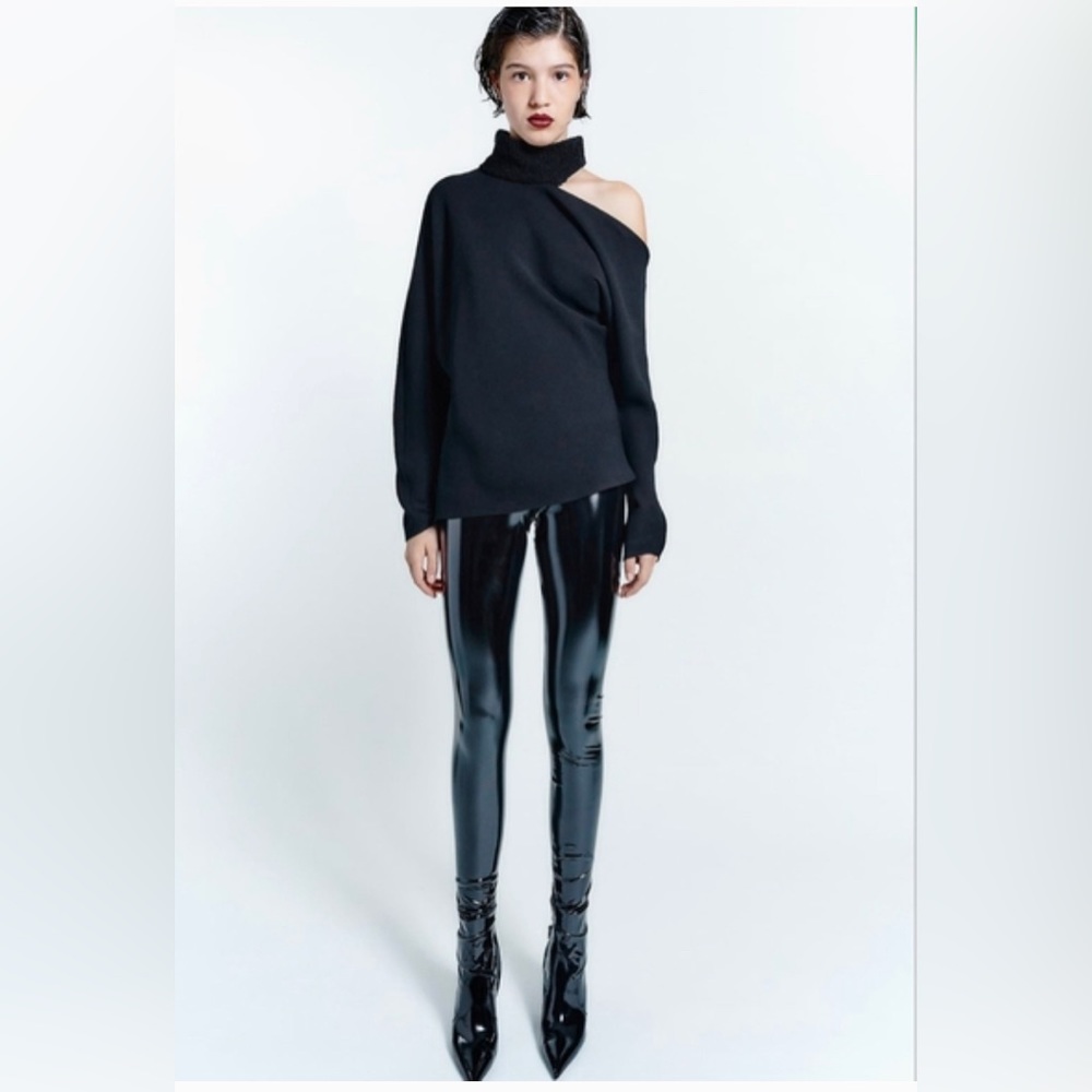 NEW Zara Black High Neck Exposed Shoulder Long Sleeve Top Size XS NWT